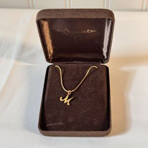 Vintage Letter Initial M Accents By Hallmark Cards Necklace 16" Gold Plate w Box